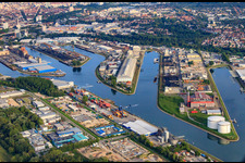 Aerial photograpy of Rhine ports Karlsruhe in the district Mühlburg in Karlsruhe in the state Baden-Wuerttemberg, Germany