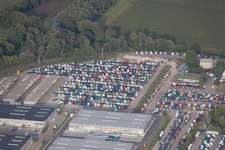 Aerial photograpy of Daimler truck parking spaces in Wörth am Rhein in the state Rhineland-Palatinate, Germany