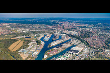 Panoramic view of the Rhine ports Karlsruhe from the west in the district Mühlburg in Karlsruhe in the state Baden-Wuerttemberg, Germany