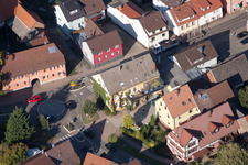 Main Street in the district Langensteinbach in Karlsbad in the state Baden-Wuerttemberg, Germany from the drone perspective