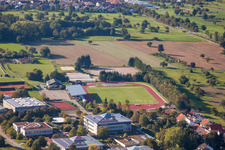 Sports grounds of SV-1899 eV Langensteinbach in the district Langensteinbach in Karlsbad in the state Baden-Wuerttemberg, Germany from the drone perspective