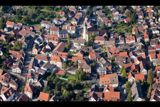 Main Street in the district Langensteinbach in Karlsbad in the state Baden-Wuerttemberg, Germany from a drone
