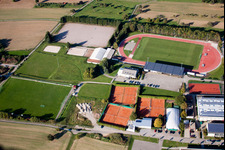 Ensemble of sports grounds of the schools in Karlsbad in the state Baden-Wurttemberg seen from above