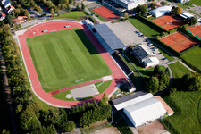 Ensemble of sports grounds of the schools in Karlsbad in the state Baden-Wurttemberg from the plane