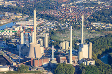 ENBW Rhine port steam power plant in the district Daxlanden in Karlsruhe in the state Baden-Wuerttemberg, Germany seen from a drone