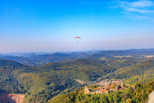 Aerial photograpy of Paraglider over the Madenburg in Eschbach in the state Rhineland-Palatinate, Germany