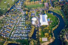 Aerial view of Camping at the Moby Dick leisure center in Rülzheim in the state Rhineland-Palatinate, Germany