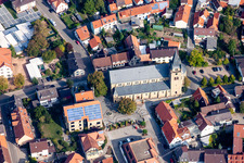 Aerial photograpy of Church building in Old Town- center of downtown in Oestringen in the state Baden-Wurttemberg, Germany