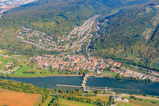Aerial view of Neckar barrage and lock Neckarzimmern in front of the town on the banks of the Neckar in Neckarzimmern in the state Baden-Wuerttemberg, Germany
