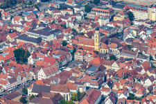 Aerial view of St. John's Cathedral in the old town in Bad Mergentheim in the state Baden-Wuerttemberg, Germany