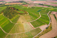 Aerial view of Pyramid-shaped vineyard in the district Hüttenheim in Willanzheim in the state Bavaria, Germany