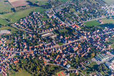 Town View of the streets and houses of the residential areas in Soultz-sous-Forets in Grand Est, France seen from above