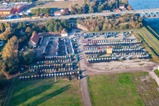 Aerial view of Truck storage in the district Maximiliansau in Wörth am Rhein in the state Rhineland-Palatinate, Germany