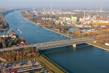Rail and Street bridges construction across the Rhine river between Karlsruhe and Woerth am Rhein in the state Rhineland-Palatinate, Germany out of the air