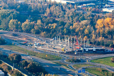 Aerial view of New construction of the building complex of the shopping center Maximilian-Center in the district Maximilian-Center in Woerth am Rhein in the state Rhineland-Palatinate, Germany