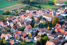 Aerial view of Main Street / Church Street with St. George in Knittelsheim in the state Rhineland-Palatinate, Germany