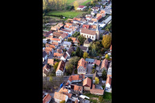 Aerial photograpy of Main Street / Church Street with St. George in Knittelsheim in the state Rhineland-Palatinate, Germany