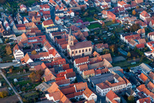Aerial view of Church building Protestantische Kirche Zeiskam in Zeiskam in the state Rhineland-Palatinate, Germany