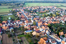 Aerial photograpy of Church on Lange Straße in Ottersheim bei Landau in the state Rhineland-Palatinate, Germany