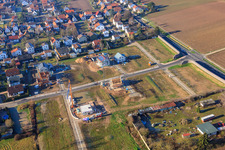 Aerial view of New development area Im Holderbusch from the east in Minfeld in the state Rhineland-Palatinate, Germany