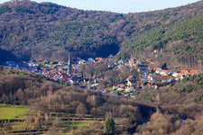 Aerial view of View of the Dornöschen in the Palatinate hidden in the mountains of the Palatinate Forest in Dörrenbach in the state Rhineland-Palatinate, Germany