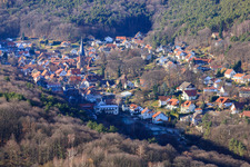 Aerial photograpy of View of the Dornöschen in the Palatinate hidden in the mountains of the Palatinate Forest in Dörrenbach in the state Rhineland-Palatinate, Germany