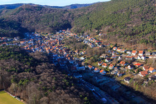 View of the Dornöschen in the Palatinate hidden in the mountains of the Palatinate Forest in Dörrenbach in the state Rhineland-Palatinate, Germany from above