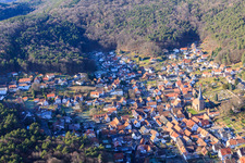 View of the Dornöschen in the Palatinate hidden in the mountains of the Palatinate Forest in Dörrenbach in the state Rhineland-Palatinate, Germany out of the air