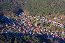 View of the Dornöschen in the Palatinate hidden in the mountains of the Palatinate Forest in Dörrenbach in the state Rhineland-Palatinate, Germany from the plane