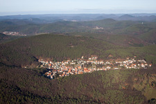 Forest and mountain scenery des suedlichen Pfaelzerwald in Doerrenbach in the state Rhineland-Palatinate from above