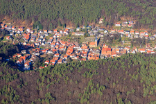 Bird's eye view of View of the Dornöschen in the Palatinate hidden in the mountains of the Palatinate Forest in Dörrenbach in the state Rhineland-Palatinate, Germany