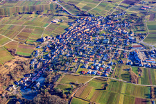 View of wine-growing village between vineyards from the west in the district Rechtenbach in Schweigen-Rechtenbach in the state Rhineland-Palatinate, Germany