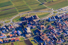 Aerial view of German Wine Gate Palatinate and Restaurant in the district Schweigen in Schweigen-Rechtenbach in the state Rhineland-Palatinate, Germany