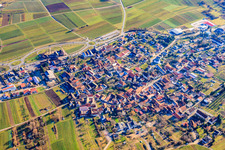 View of wine-growing village between vineyards from the northwest in the district Schweigen in Schweigen-Rechtenbach in the state Rhineland-Palatinate, Germany