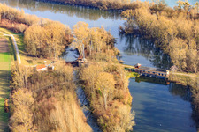 Mouth of the Michelsbach in the Rhine with pumping station Sondernheim South on the Rhine dam in the district Sondernheim in Germersheim in the state Rhineland-Palatinate, Germany
