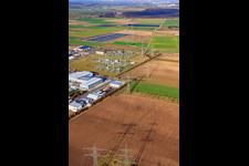 Aerial view of TransnetBW substation Altlußheim in Altlußheim in the state Baden-Wuerttemberg, Germany