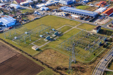 Aerial photograpy of TransnetBW substation Altlußheim in Altlußheim in the state Baden-Wuerttemberg, Germany