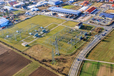 Oblique view of TransnetBW substation Altlußheim in Altlußheim in the state Baden-Wuerttemberg, Germany