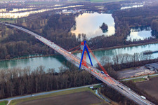 Construction site for the renovation of the pylons of the A61 motorway bridge over the Rhine in Hockenheim in the state Baden-Wuerttemberg, Germany