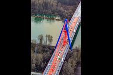 Aerial view of Construction site for the renovation of the pylons of the A61 motorway bridge over the Rhine in Otterstadt in the state Rhineland-Palatinate, Germany