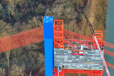Construction site for the renovation of the pylons of the A61 motorway bridge over the Rhine in Otterstadt in the state Rhineland-Palatinate, Germany from above