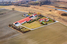 Aerial view of Aussiedlerhof on the Old Rhine in Neupotz in the state Rhineland-Palatinate, Germany