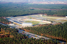 Wintry snowy Serpentine curve of the racetrack route of Motodrom Hockenheimring in Hockenheim in the state Baden-Wurttemberg