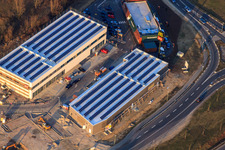 Maximiliancenter II with construction site for dm and Sport Fink in the district Maximiliansau in Wörth am Rhein in the state Rhineland-Palatinate, Germany from above