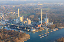 Aerial view of New building at the Rhine harbor steam power plant of ENBW in the district Daxlanden in Karlsruhe in the state Baden-Wuerttemberg, Germany