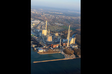 New building at the Rhine harbor steam power plant of ENBW in the district Daxlanden in Karlsruhe in the state Baden-Wuerttemberg, Germany from the plane