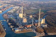 Bird's eye view of New building at the Rhine harbor steam power plant of ENBW in the district Daxlanden in Karlsruhe in the state Baden-Wuerttemberg, Germany