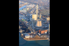 New building at the Rhine harbor steam power plant of ENBW in the district Daxlanden in Karlsruhe in the state Baden-Wuerttemberg, Germany viewn from the air