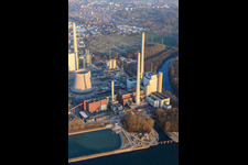 Drone recording of New building at the Rhine harbor steam power plant of ENBW in the district Daxlanden in Karlsruhe in the state Baden-Wuerttemberg, Germany