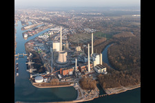 Drone image of New building at the Rhine harbor steam power plant of ENBW in the district Daxlanden in Karlsruhe in the state Baden-Wuerttemberg, Germany